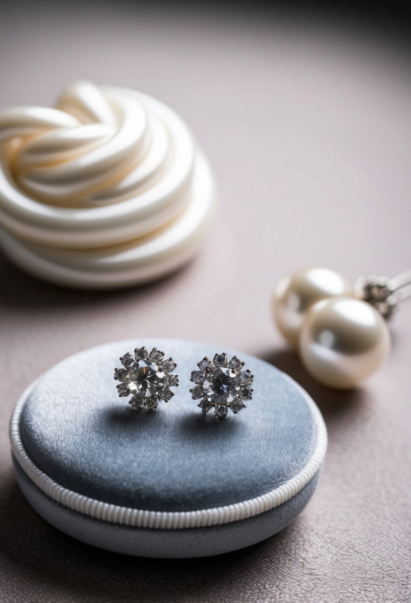 A delicate pair of pearl and crystal earrings resting on a velvet cushion, next to a sleek low bun hairstyle