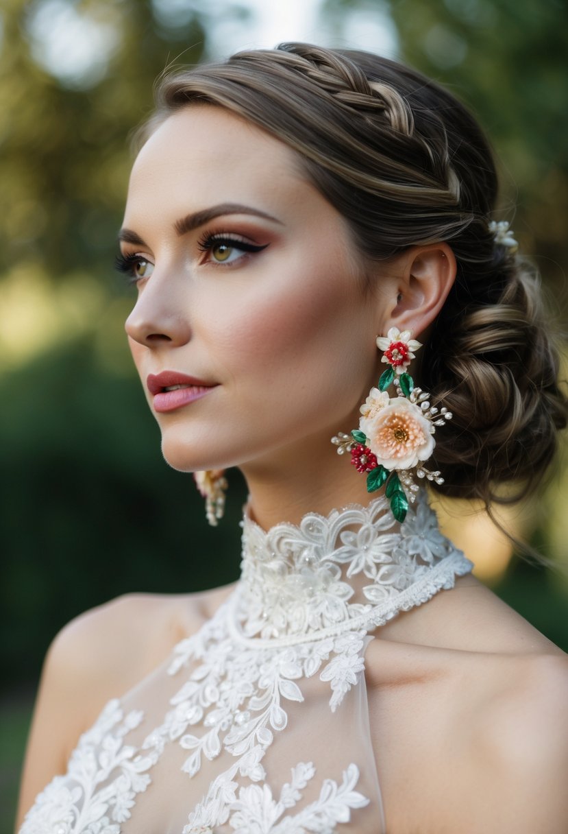 A high-necked wedding dress adorned with artistic floral earrings