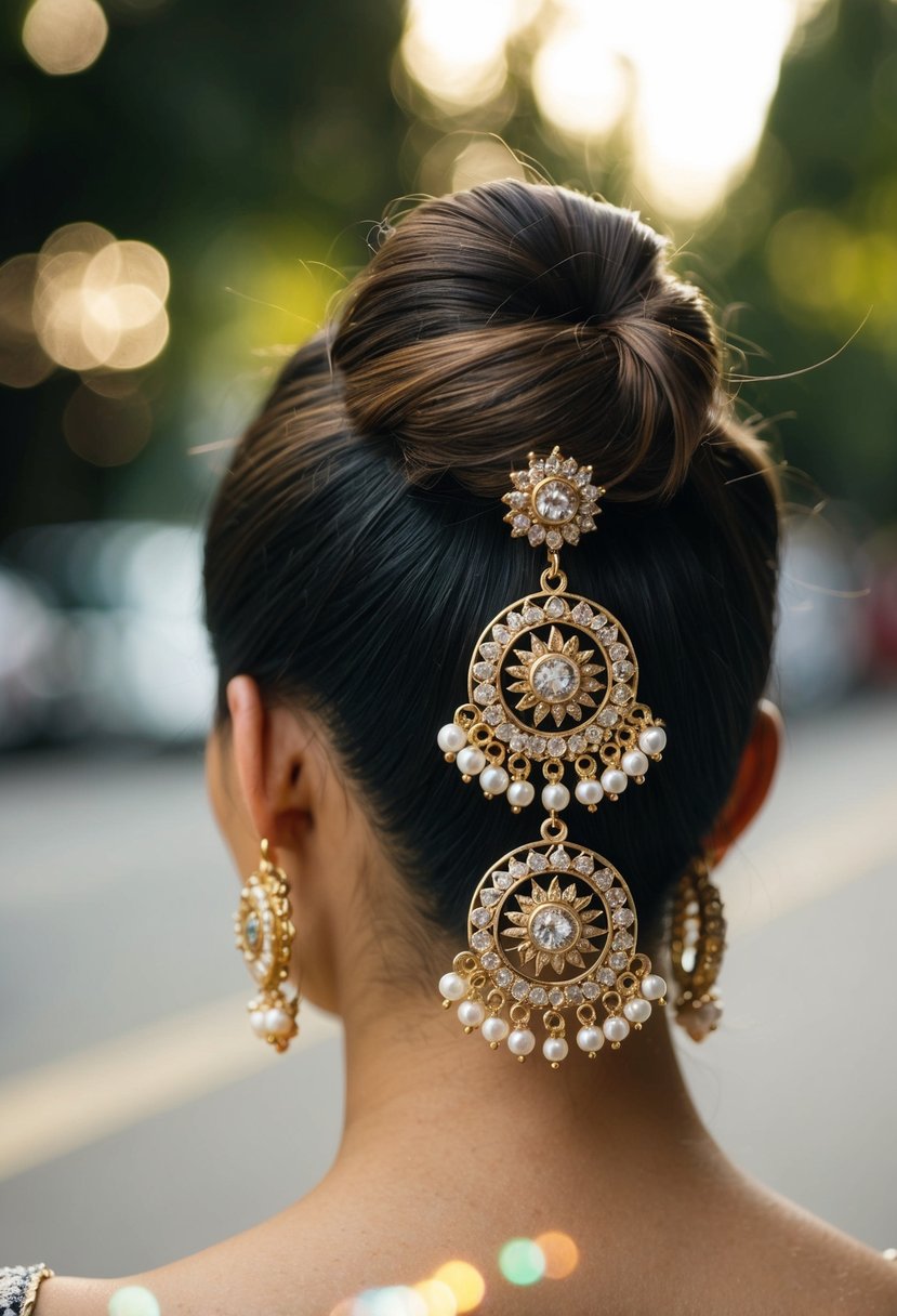 A pair of Jaskamal Earrings dangle from a low bun hairstyle, catching the light in a sunburst style