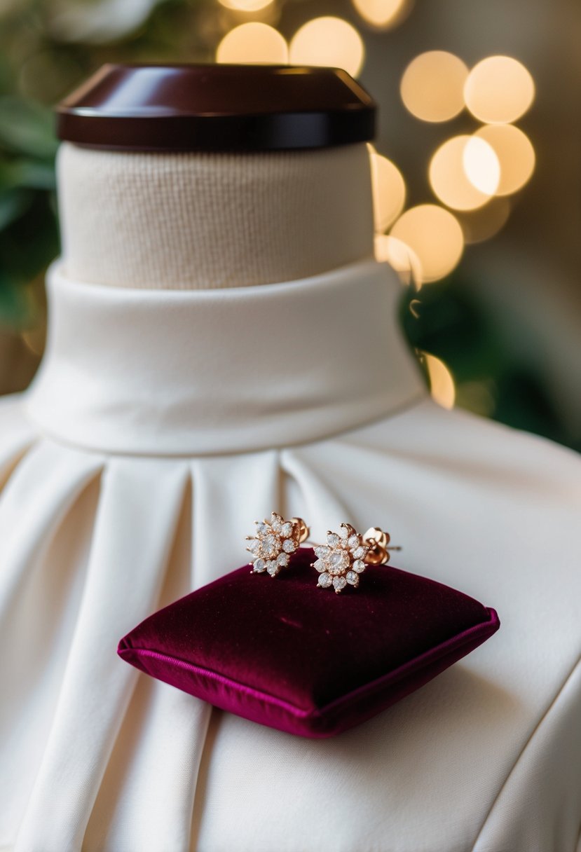 A pair of elegant rose gold stud earrings displayed on a velvet cushion next to a high-necked dress, creating a wedding-ready ensemble