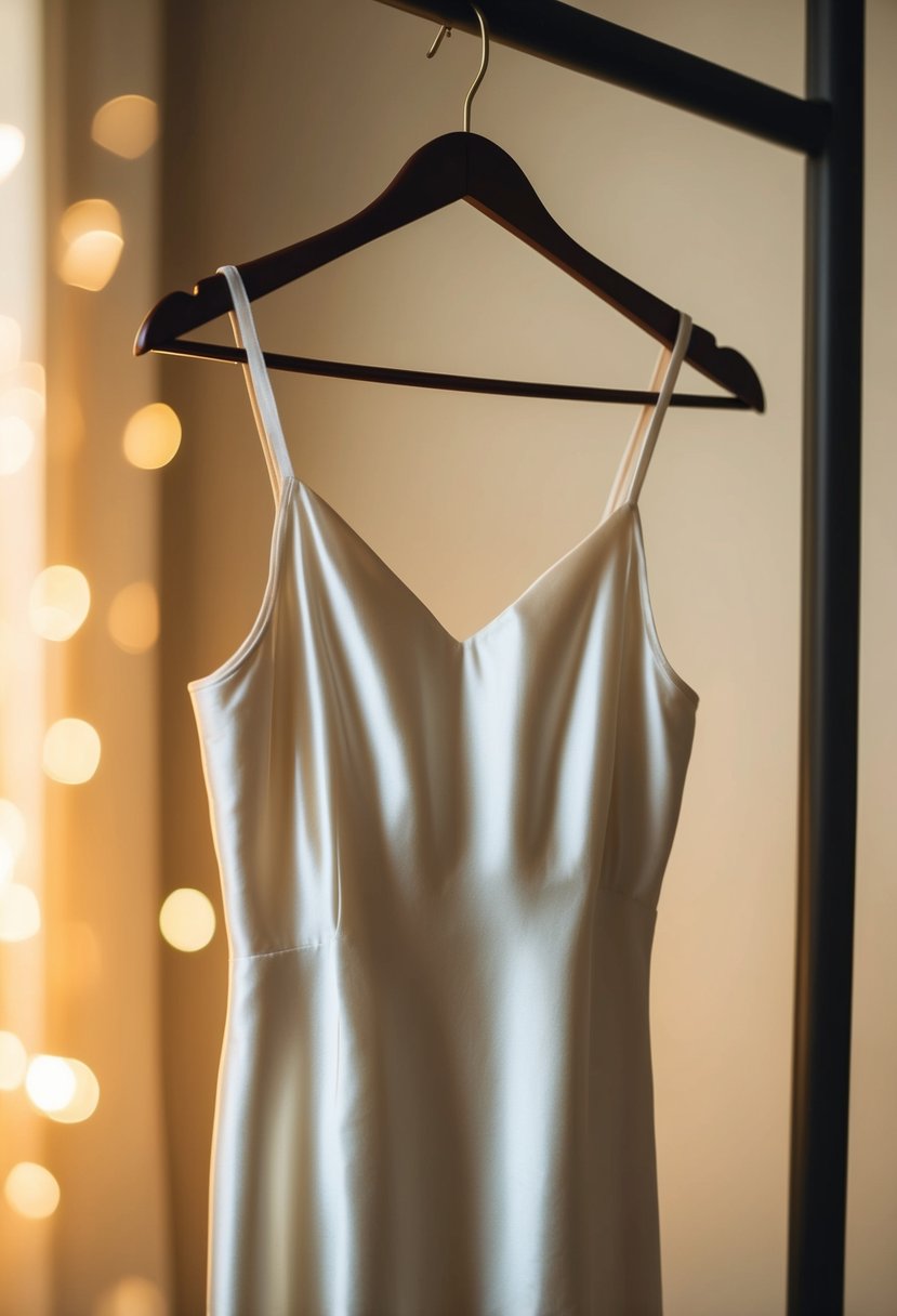 A vintage-inspired satin slip dress draped over a hanger, with soft lighting casting a warm glow on the delicate fabric