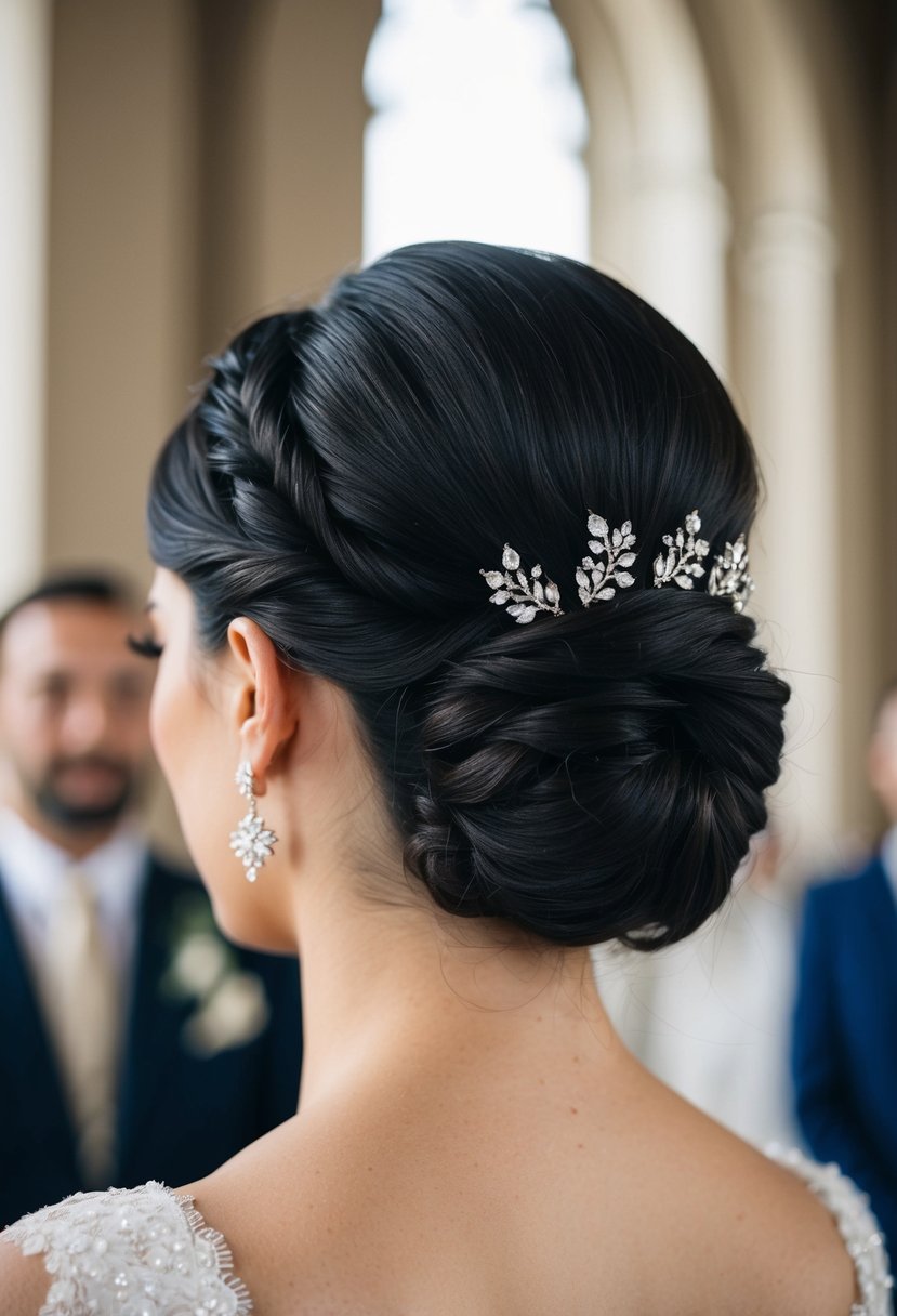 A regal low bun adorned with delicate stud earrings, fit for a royal wedding