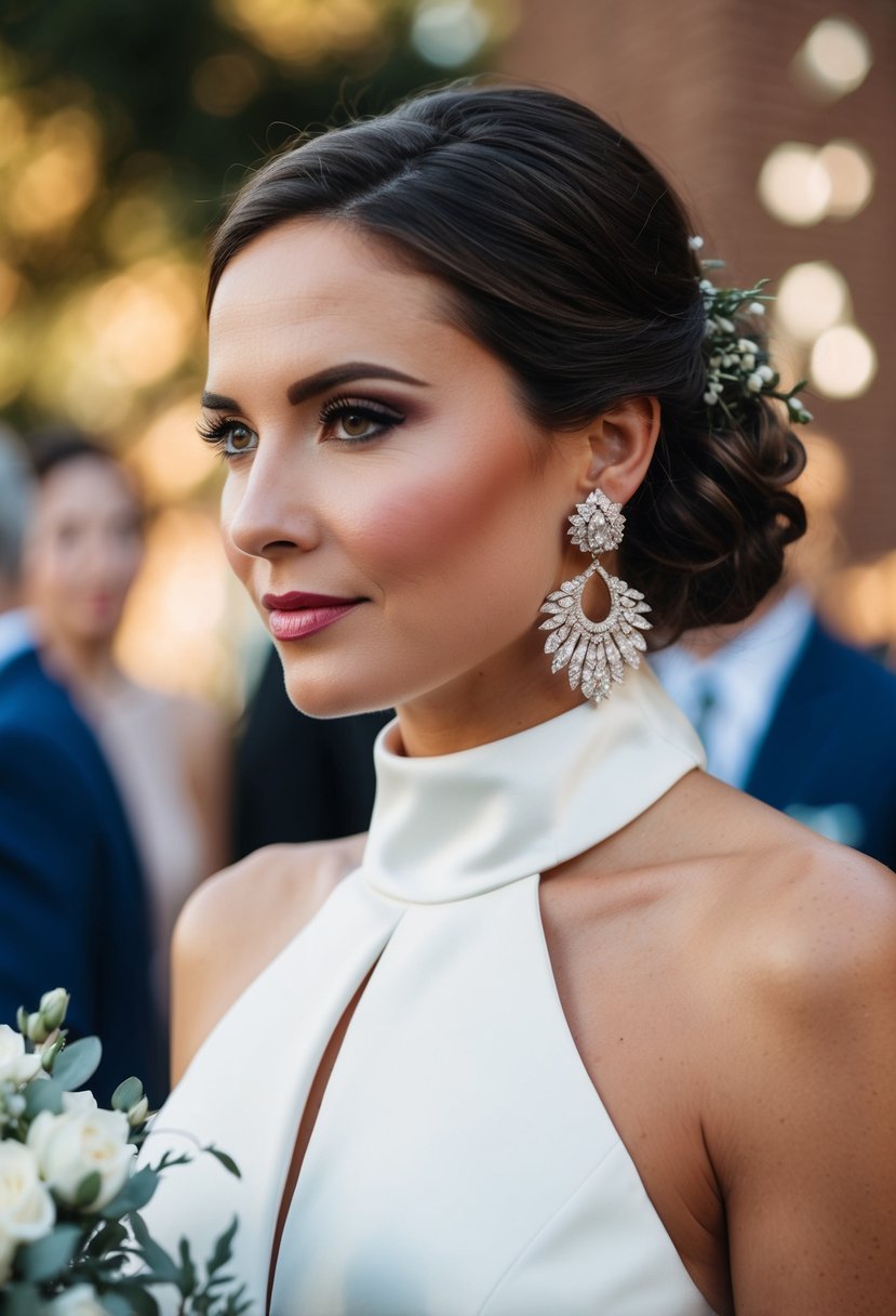 A woman in a high-neck dress wears dramatic statement earrings at a wedding