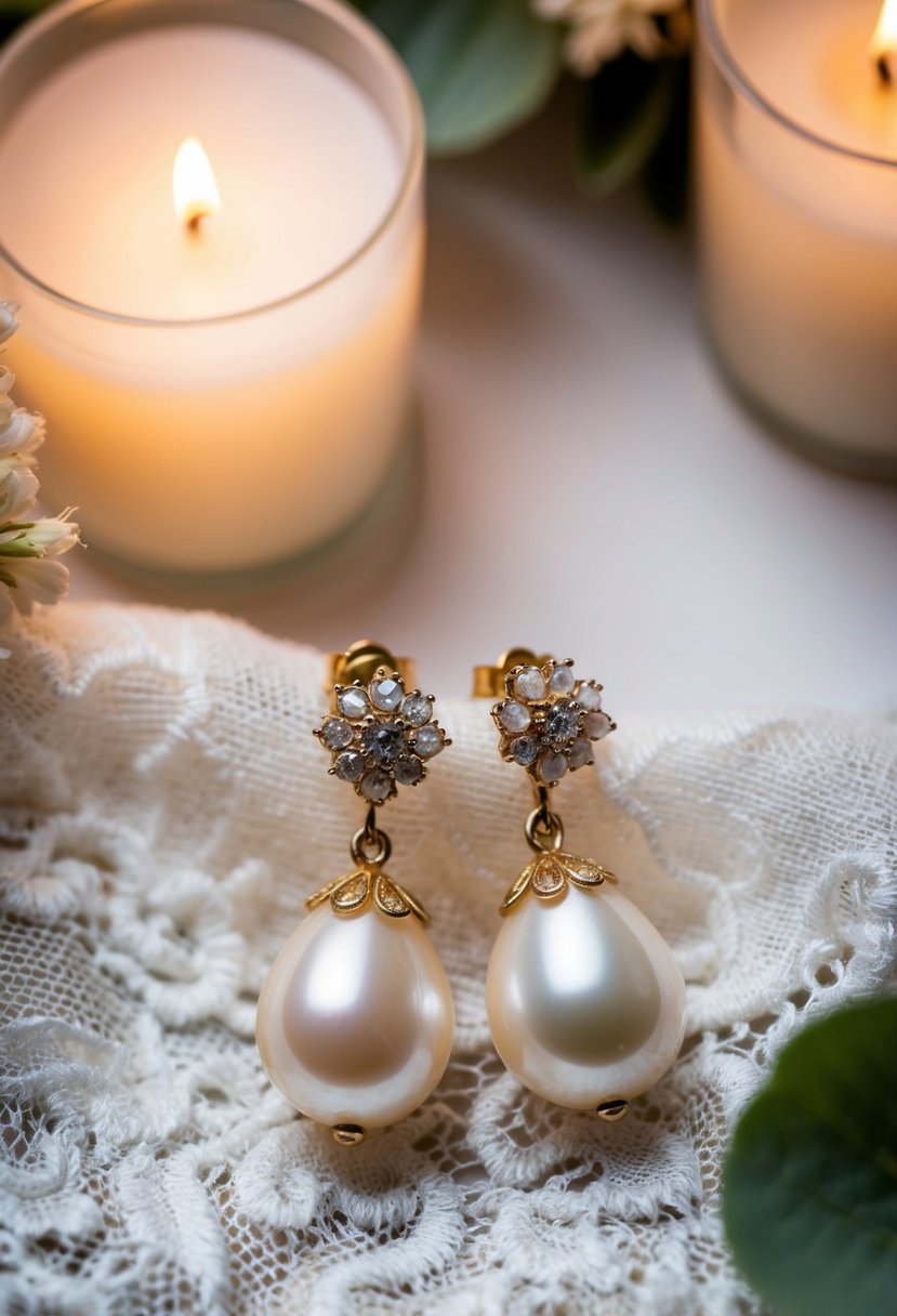 A pair of vintage pearl drop earrings resting on a delicate lace fabric, surrounded by soft candlelight and a hint of floral accents