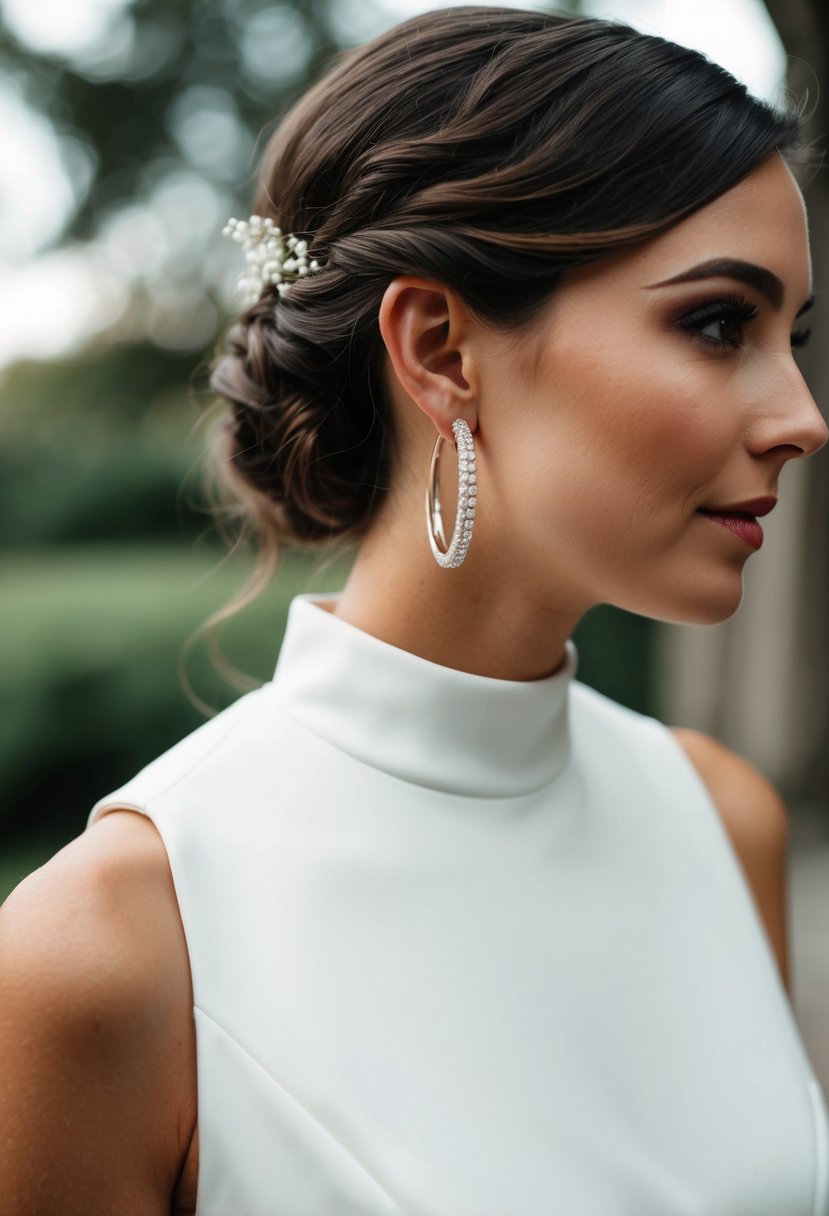 A high-necked wedding dress with subtle huggie hoop earrings dangling from an elegant ear