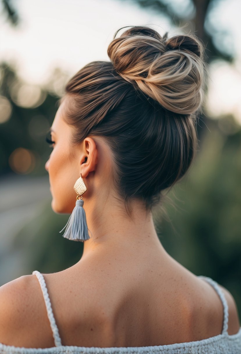 A textured low bun with boho-chic tassel earrings