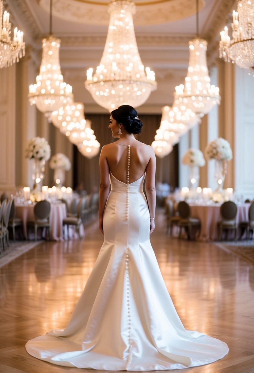 A bride standing in a grand ballroom, wearing a timeless satin gown with button back detail, surrounded by elegant chandeliers and luxurious decor