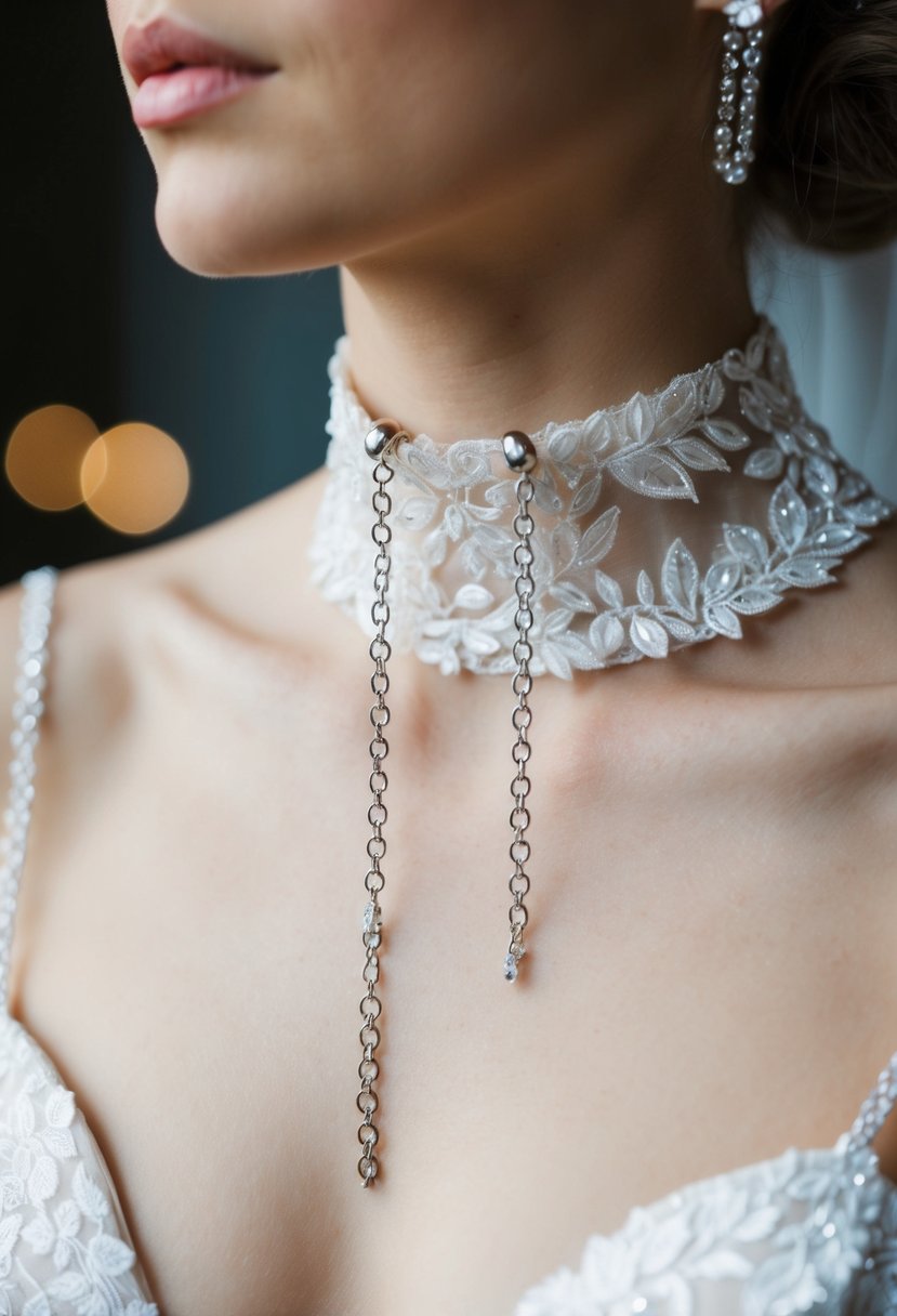 A delicate pair of chain drop earrings dangle from a high neck wedding dress, exuding elegance and sophistication