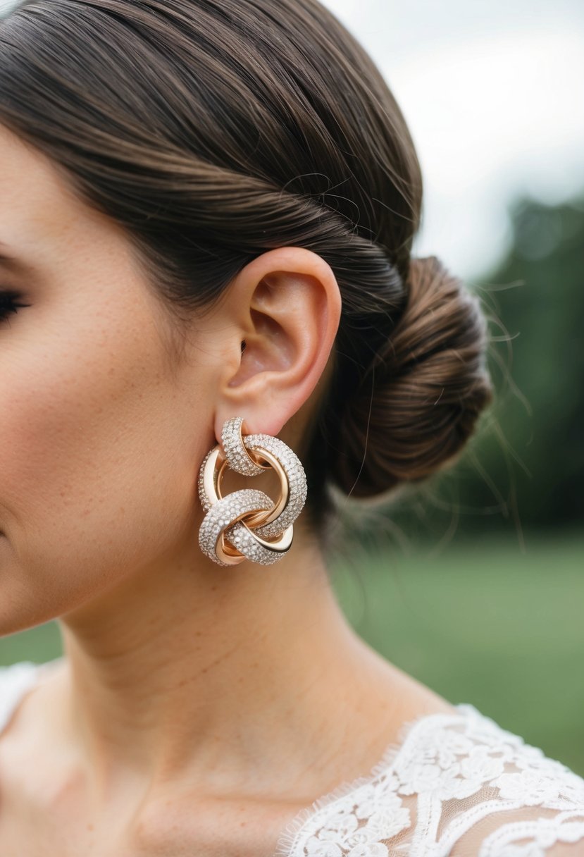 A pair of knot-shaped hoop earrings placed next to a classic low bun hairstyle, with a wedding theme