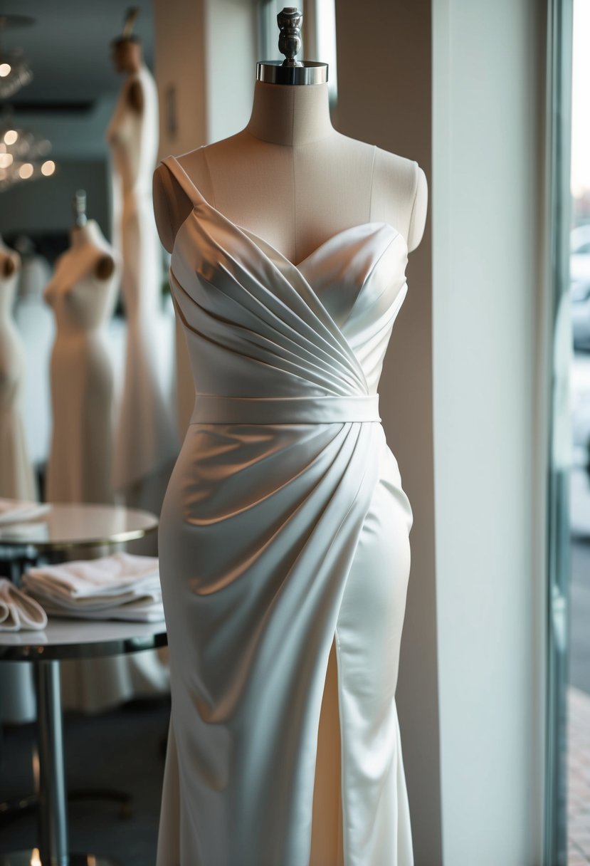 A modern satin dress with a high slit, draped elegantly on a mannequin, catching the light in a bridal boutique