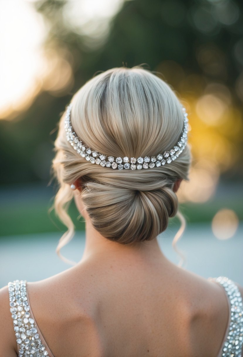 A sleek low bun adorned with crystal studs, perfect for a wedding