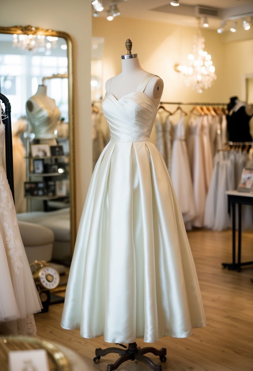 A vintage-style tea-length satin wedding dress displayed on a mannequin in a softly lit boutique