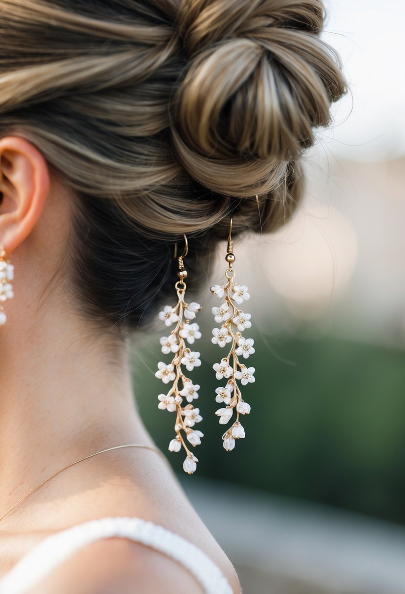 A pair of delicate floral dangle earrings hanging from a low bun hairstyle, evoking a romantic and elegant vibe for a wedding