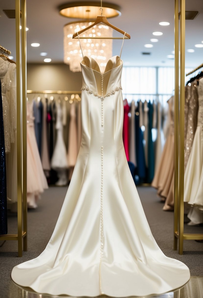 A satin mermaid dress with a sweeping train hangs from a golden hanger in a luxurious bridal boutique