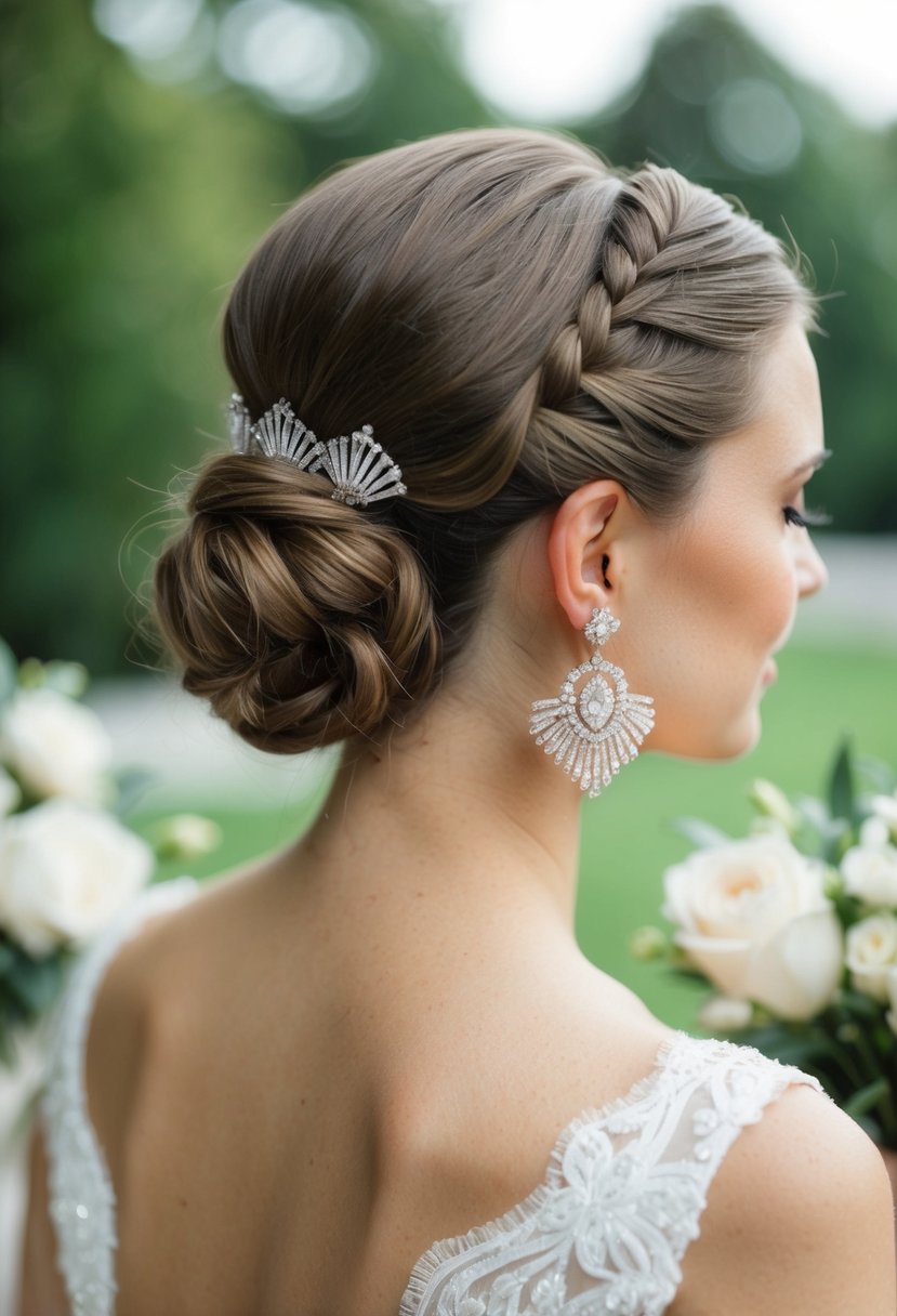 An elegant low bun adorned with Art Deco chandelier earrings for a wedding