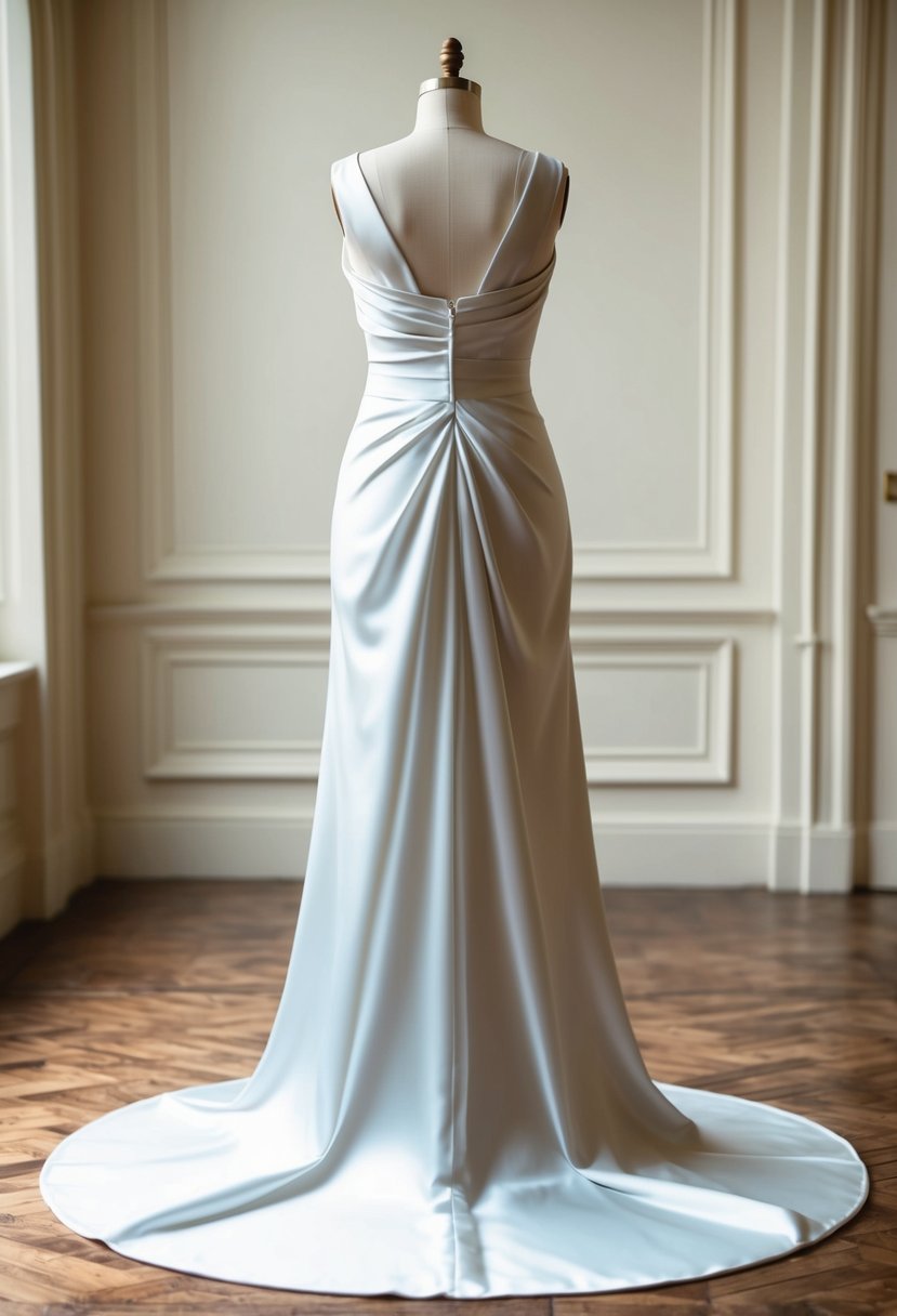 A simple satin column dress with elegant draping cascading down the floor