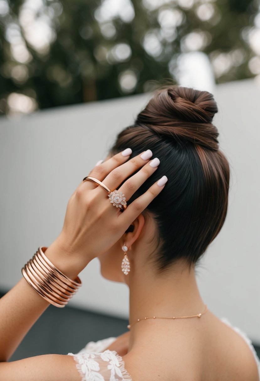 Two rose gold cuffs with modern twist, paired with low bun and wedding earrings for a sleek bridal look