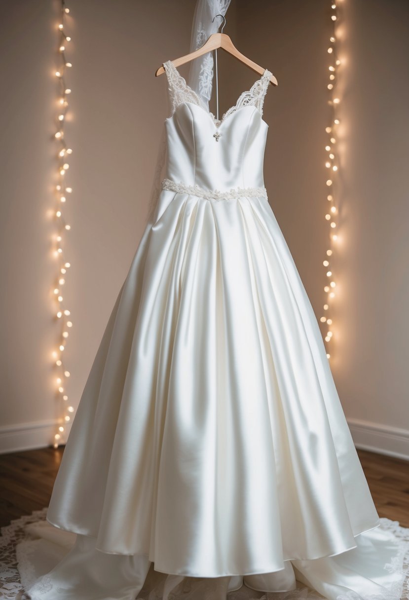 A satin wedding dress with a princess-style skirt, flowing gracefully on a hanger, surrounded by soft lighting and delicate lace details