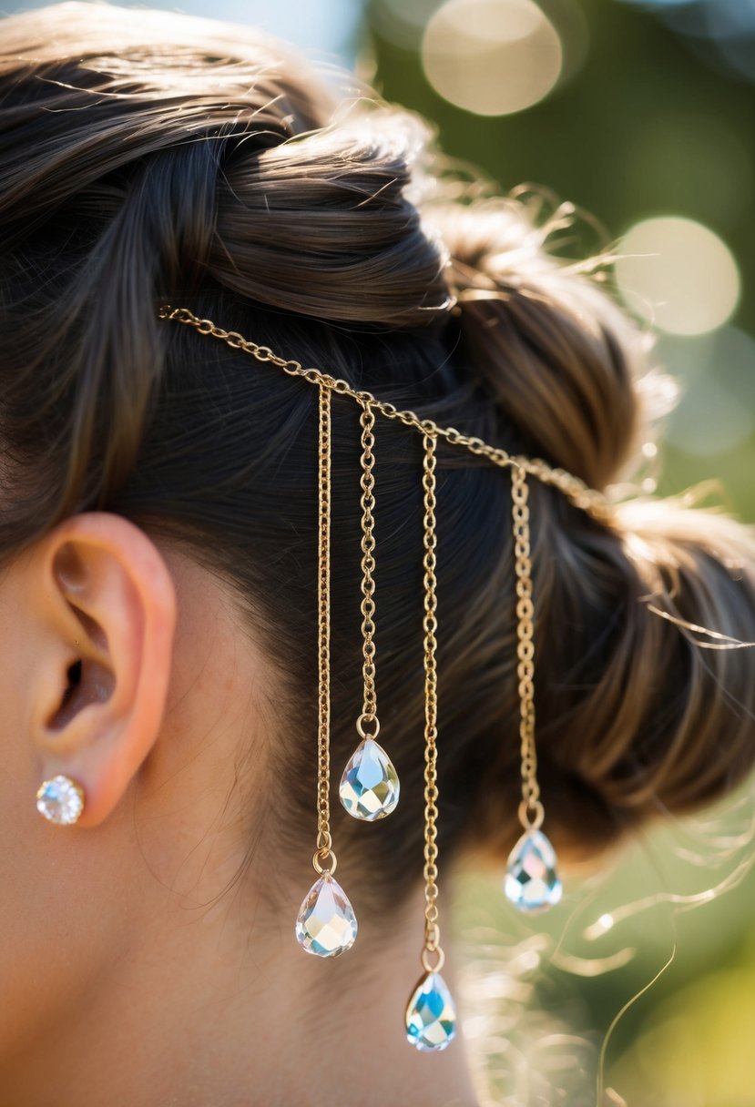 Swarovski crystal drops dangle from delicate gold chains, catching the light and adding a touch of sparkle to a low bun hairstyle