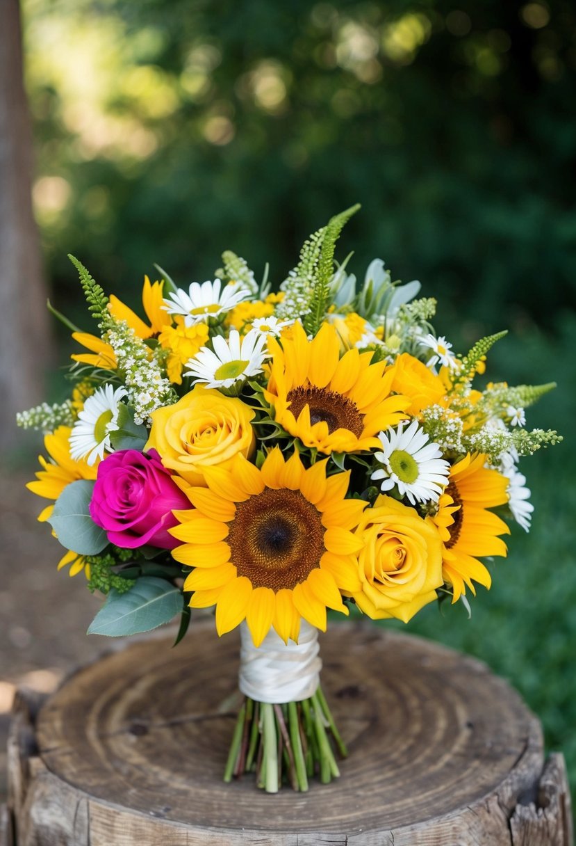 A bright yellow wedding bouquet with sunflowers, daisies, and roses in a rustic, natural setting