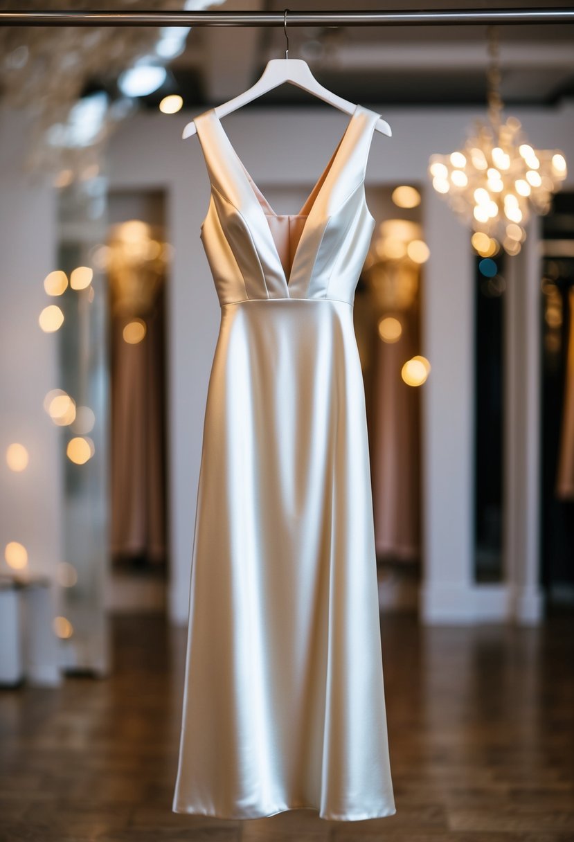 A sleek satin dress with a deep V-neckline hangs on a mannequin, catching the light and flowing gracefully to the floor