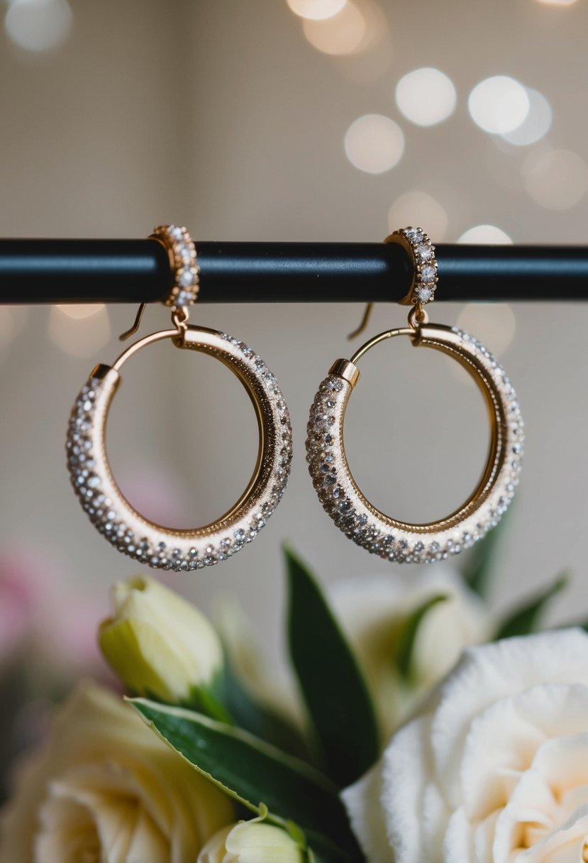 A pair of vintage-inspired hoop earrings dangle elegantly against a backdrop of a low bun hairstyle, exuding a glamorous and timeless bridal aesthetic