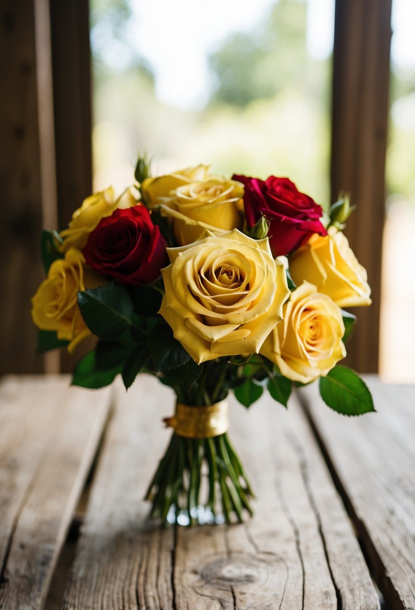 A golden rose and red accent bouquet sits on a rustic wooden table, bathed in soft natural light