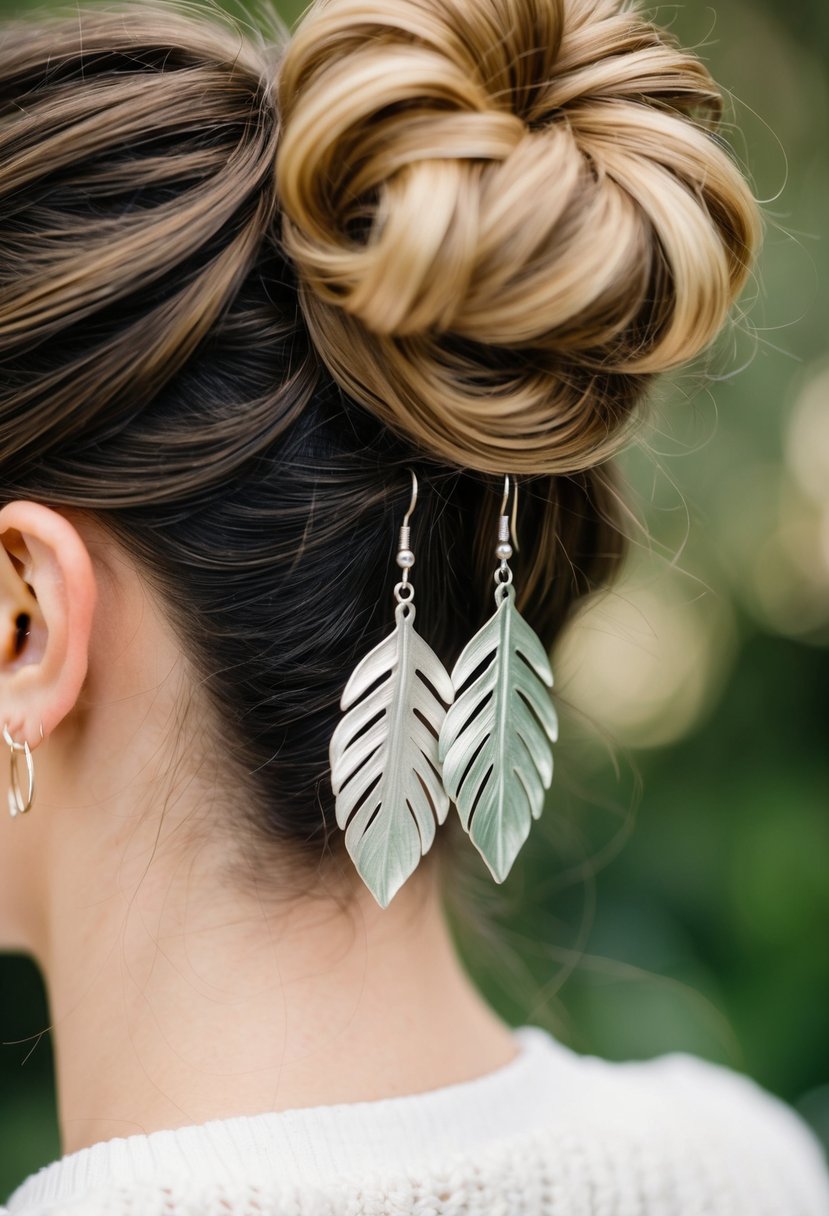 Two delicate leaf-shaped earrings dangle from a low bun, surrounded by soft curls and natural elements