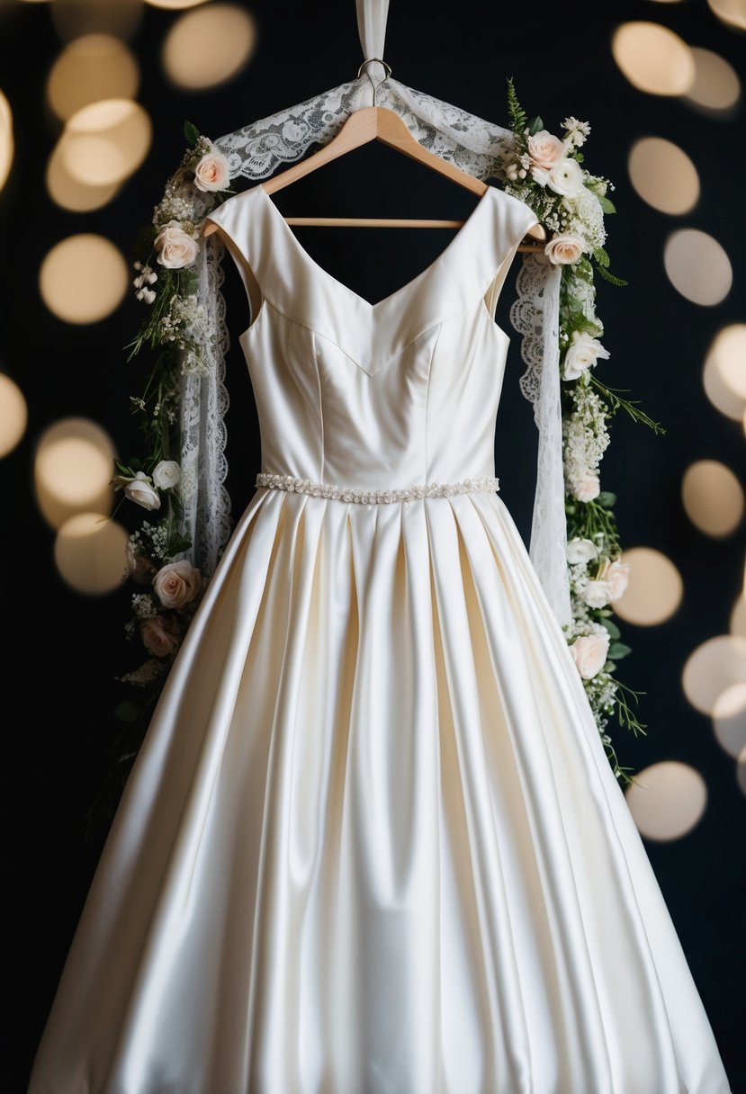 A satin bridal dress with cap sleeves hangs on a vintage-style dress form, surrounded by delicate lace and floral accents