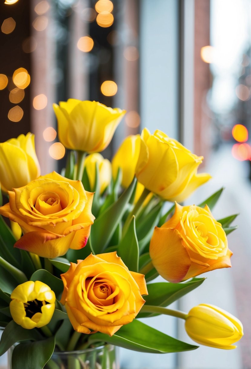 A vibrant bouquet of bright sunshine roses and yellow tulips