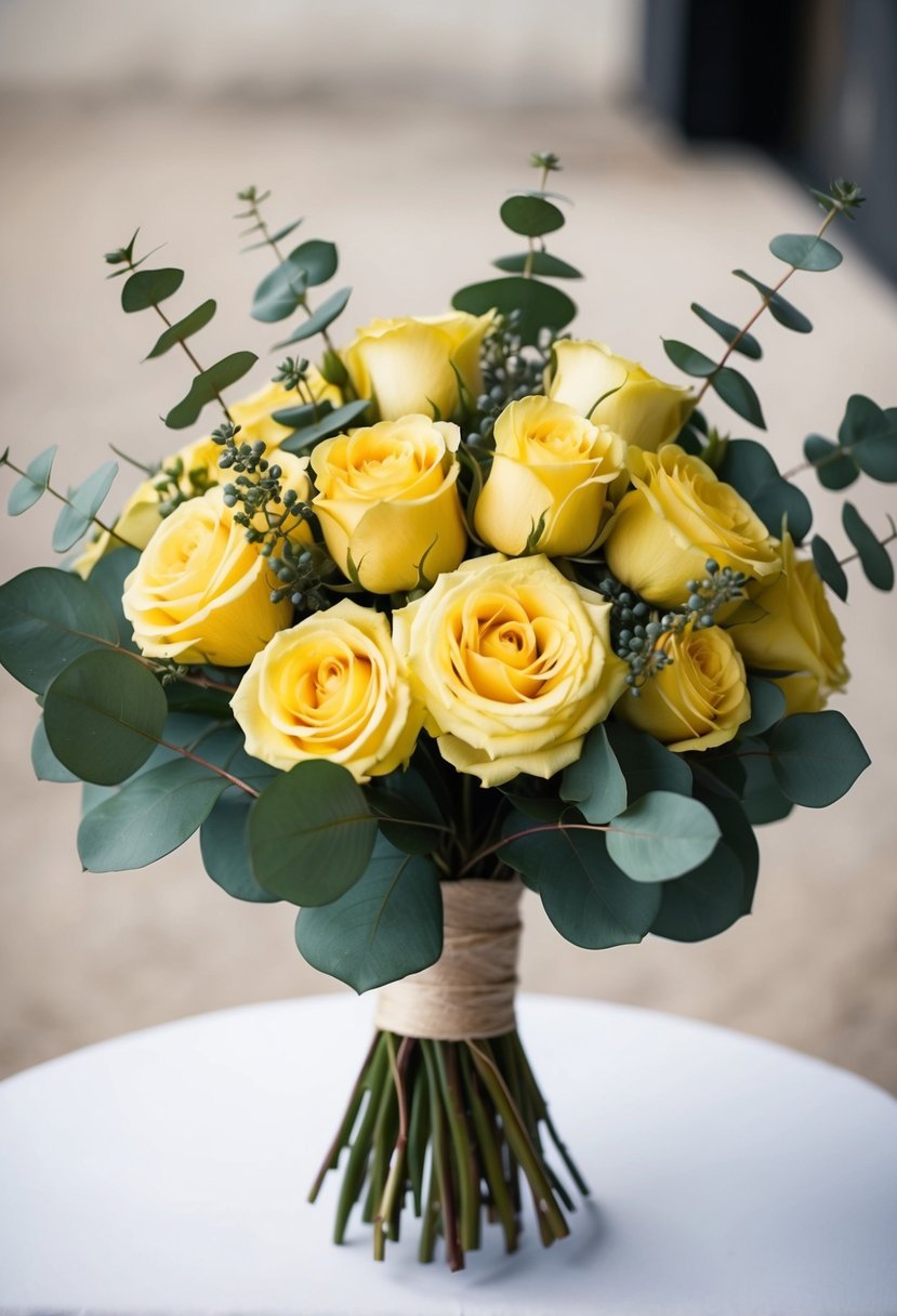 A bouquet of yellow roses and eucalyptus leaves arranged in a rustic, yet elegant wedding bouquet