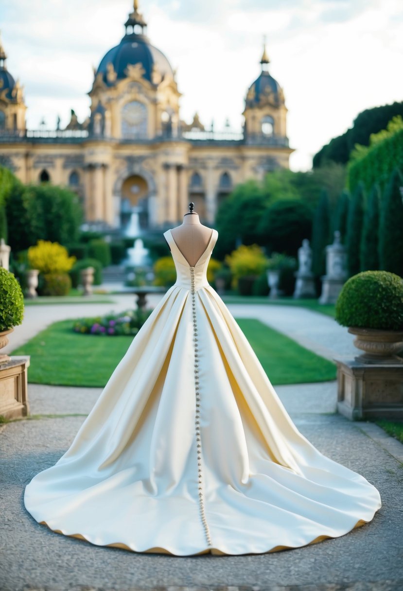 A regal satin dress with a cathedral-style train flowing elegantly behind, set against a grand backdrop of ornate architecture and lush gardens