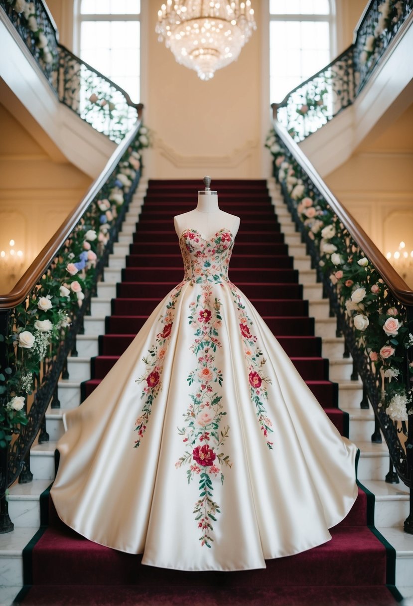 A satin trumpet dress adorned with intricate floral embroidery cascades down a grand staircase