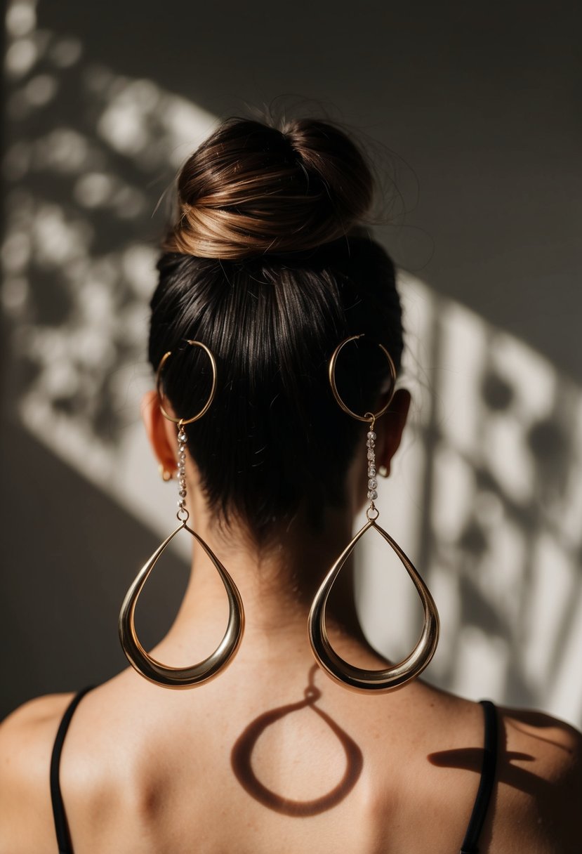 Dramatic teardrop hoops suspended above a low bun, casting elegant shadows