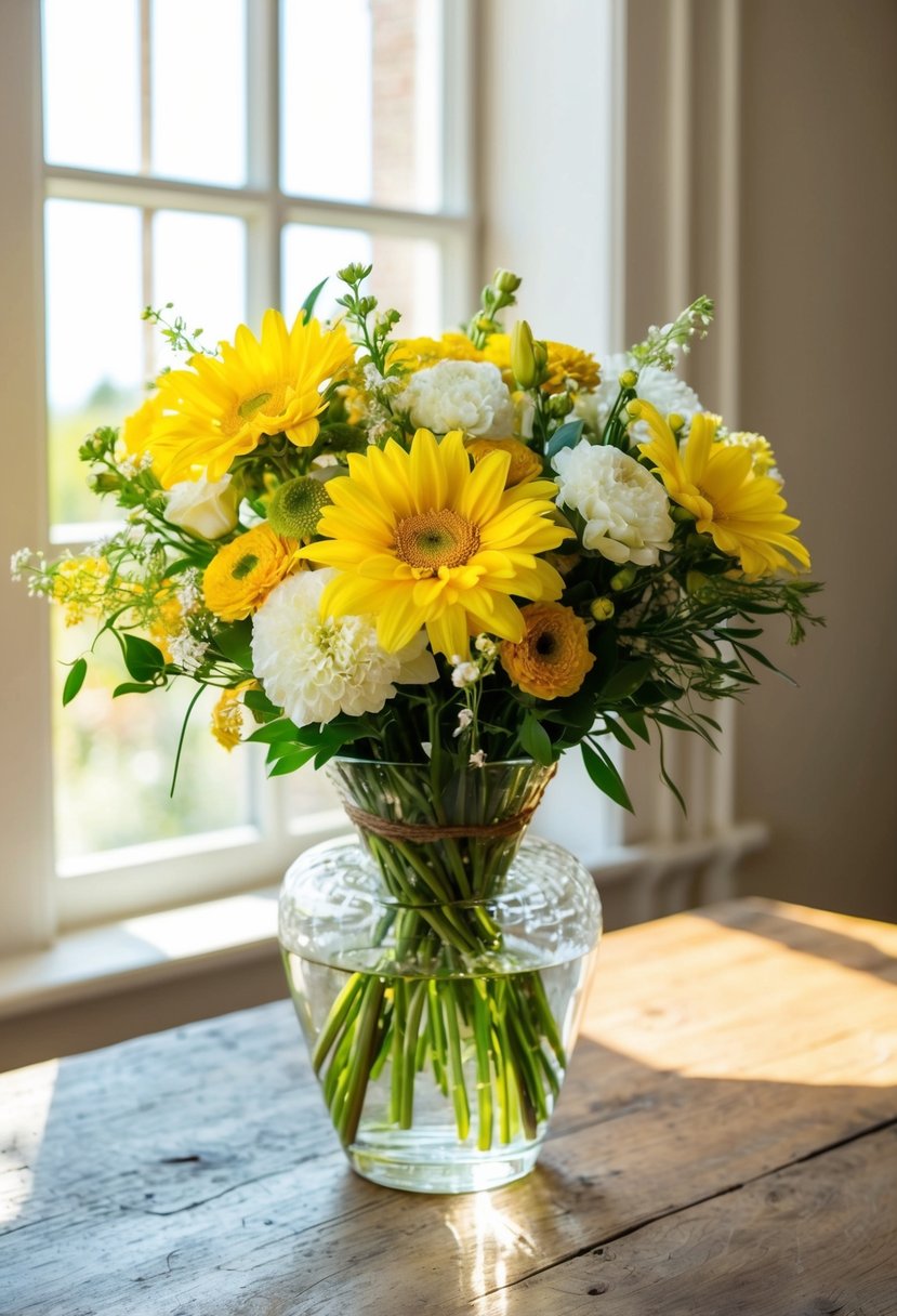 A sunny yellow and white mixed bouquet sits in a glass vase on a rustic wooden table. Sunshine streams through a nearby window, casting a warm glow on the flowers