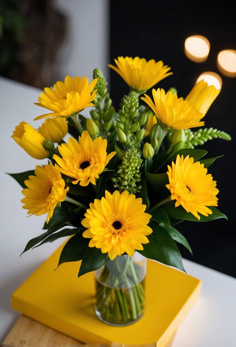 A vibrant yellow bouquet of bold florals against a black background