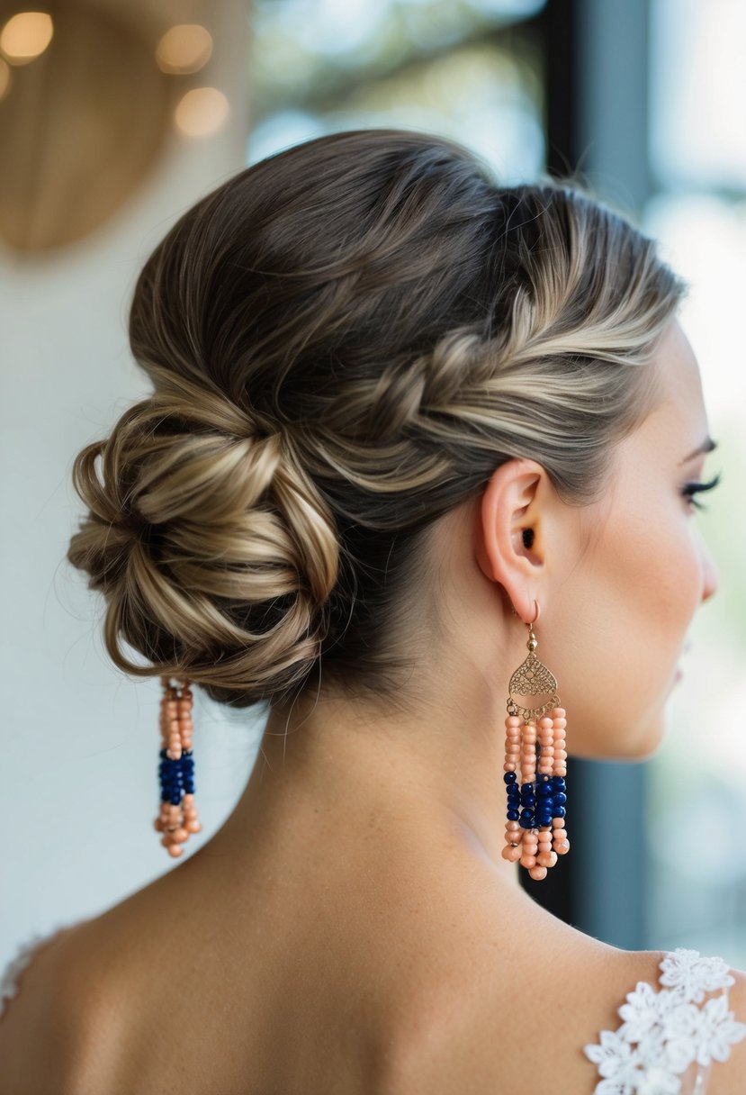 A close-up of a low bun with bohemian beaded earrings dangling from the hair, adding a unique and elegant touch to a wedding look