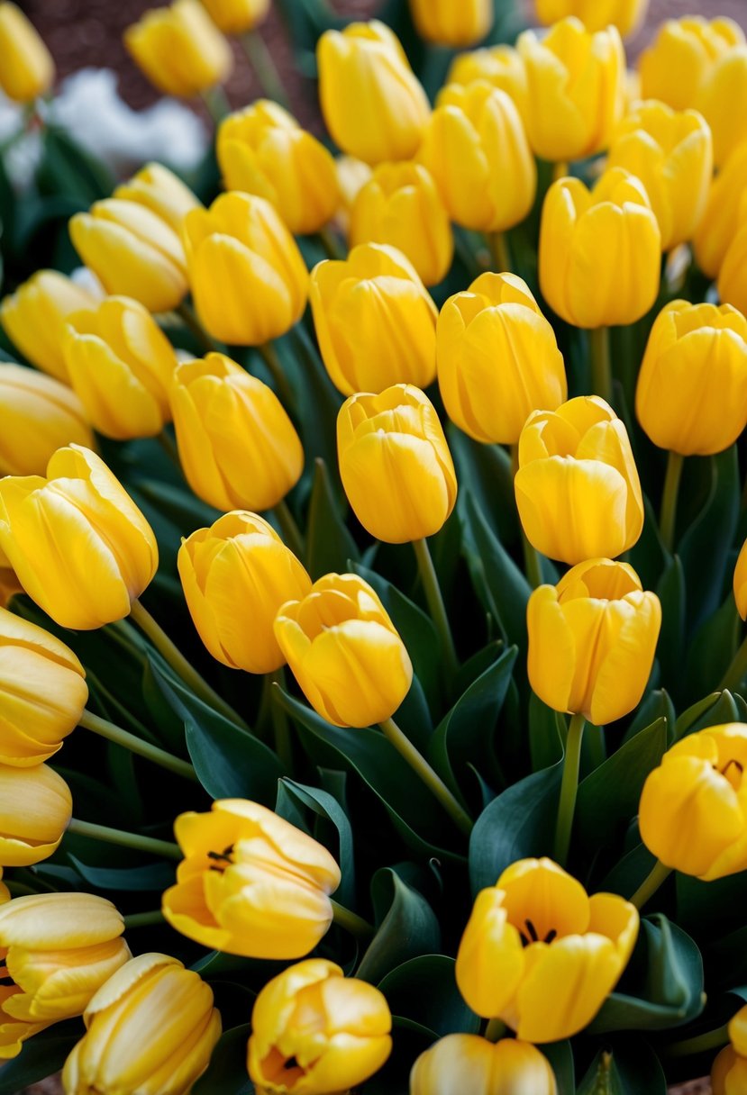 A vibrant arrangement of golden tulips in a yellow wedding bouquet, radiating warmth and elegance