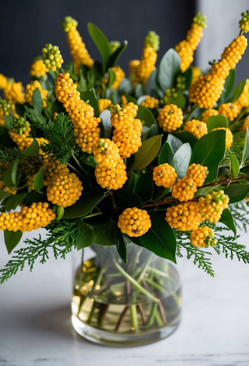 A vibrant bouquet of yellow hypericum berries arranged with greenery