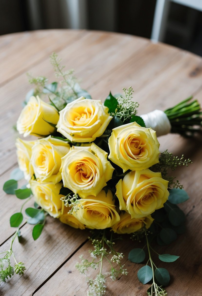 A classic yellow rose wedding bouquet sits on a rustic wooden table, surrounded by soft natural light and delicate greenery