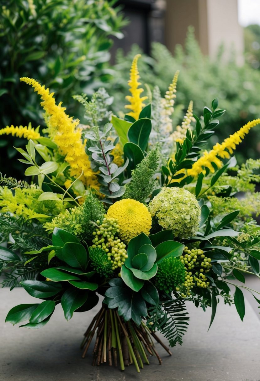 A lush bouquet of yellow and green foliage, with varying textures and shapes, arranged in a natural, organic style