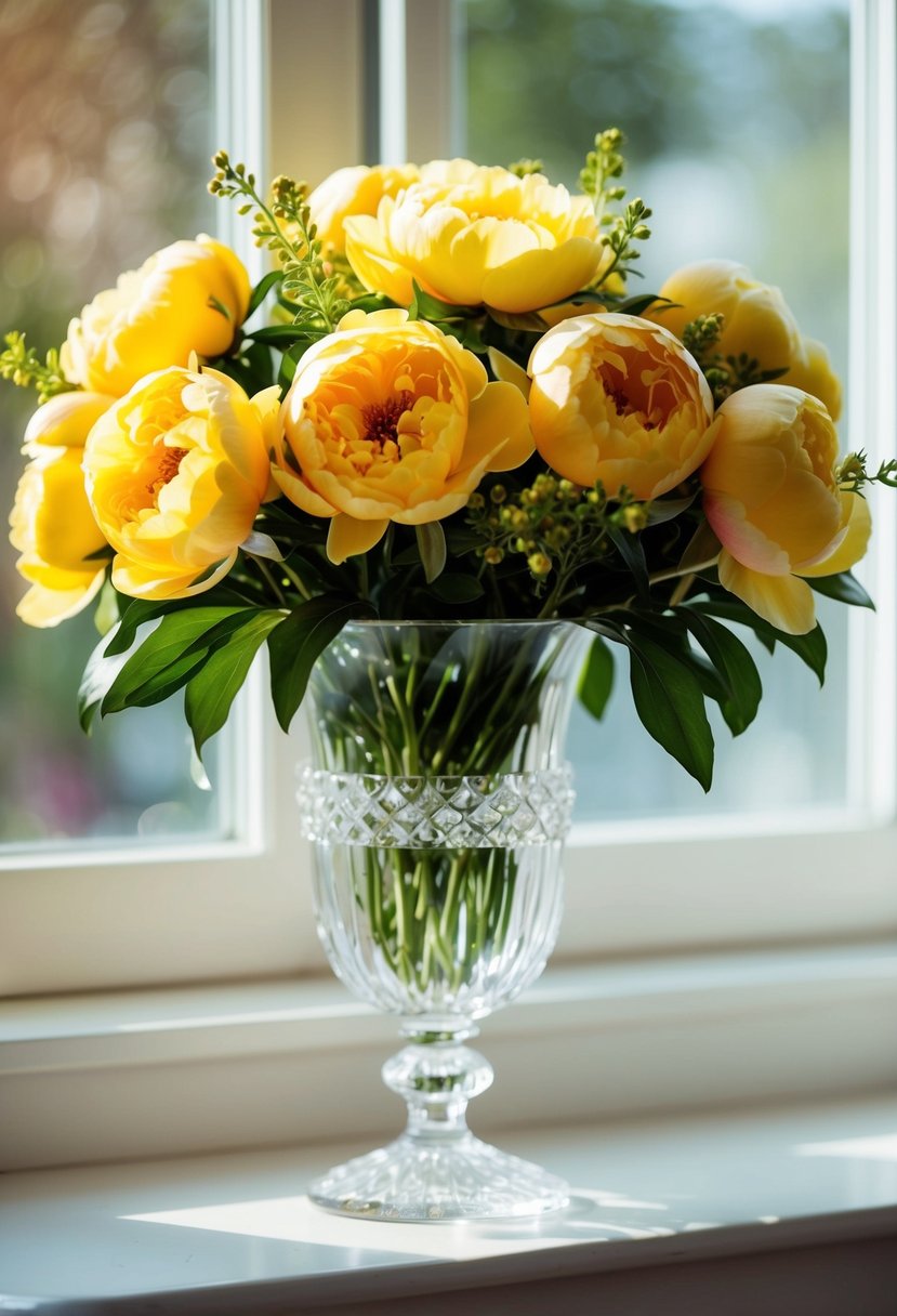 A vibrant bouquet of yellow peony roses, accented with cheerful greenery, sits in a crystal vase on a sunlit windowsill