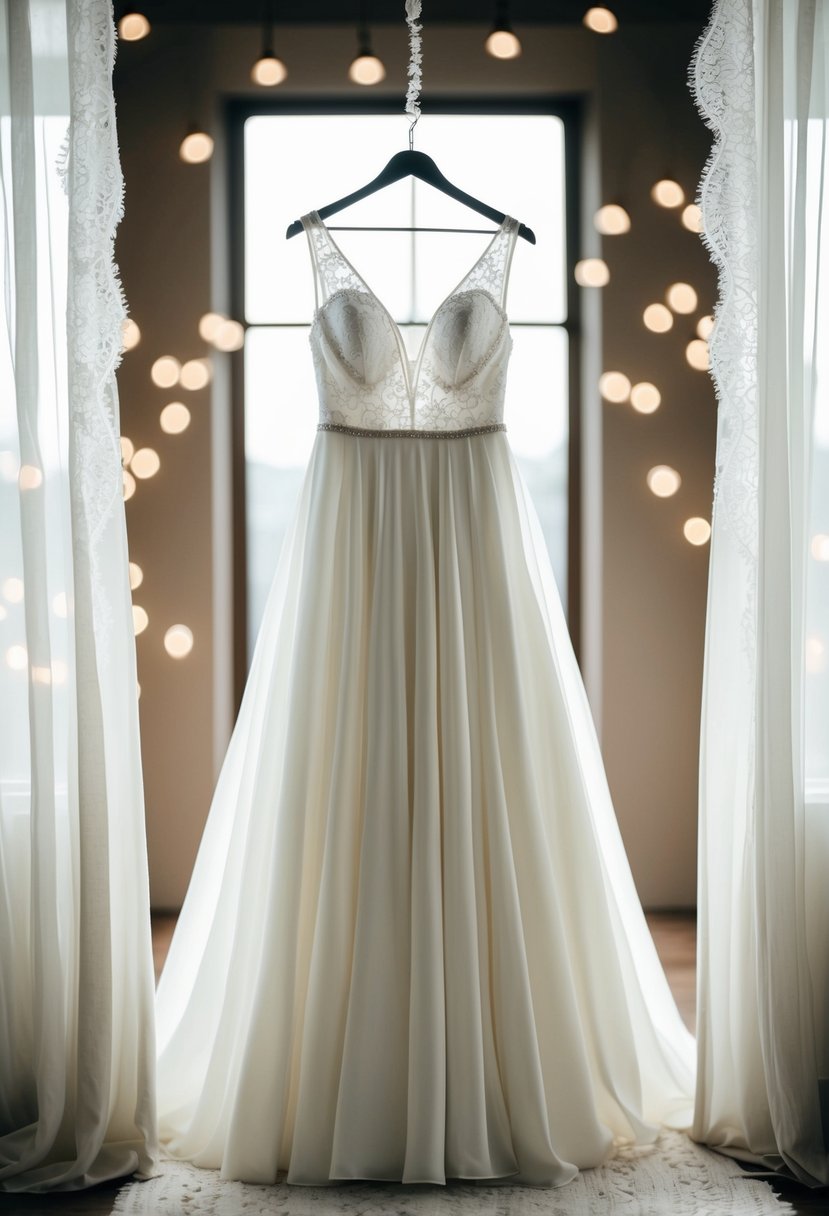 A flowing white gown hangs on a sleek hanger, surrounded by soft lighting and delicate lace details