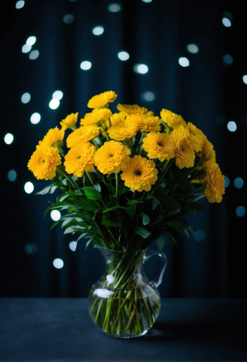 A vibrant yellow bouquet stands out against a backdrop of deep midnight black, creating a striking and dramatic contrast