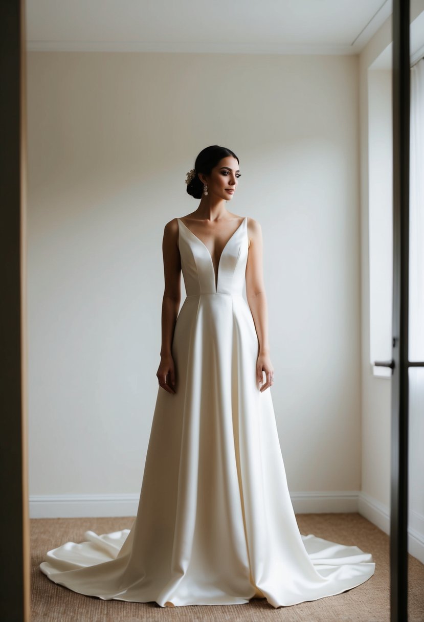 A bride stands in a softly lit room, wearing a flowing A-line satin gown with minimalistic details, exuding elegance and simplicity