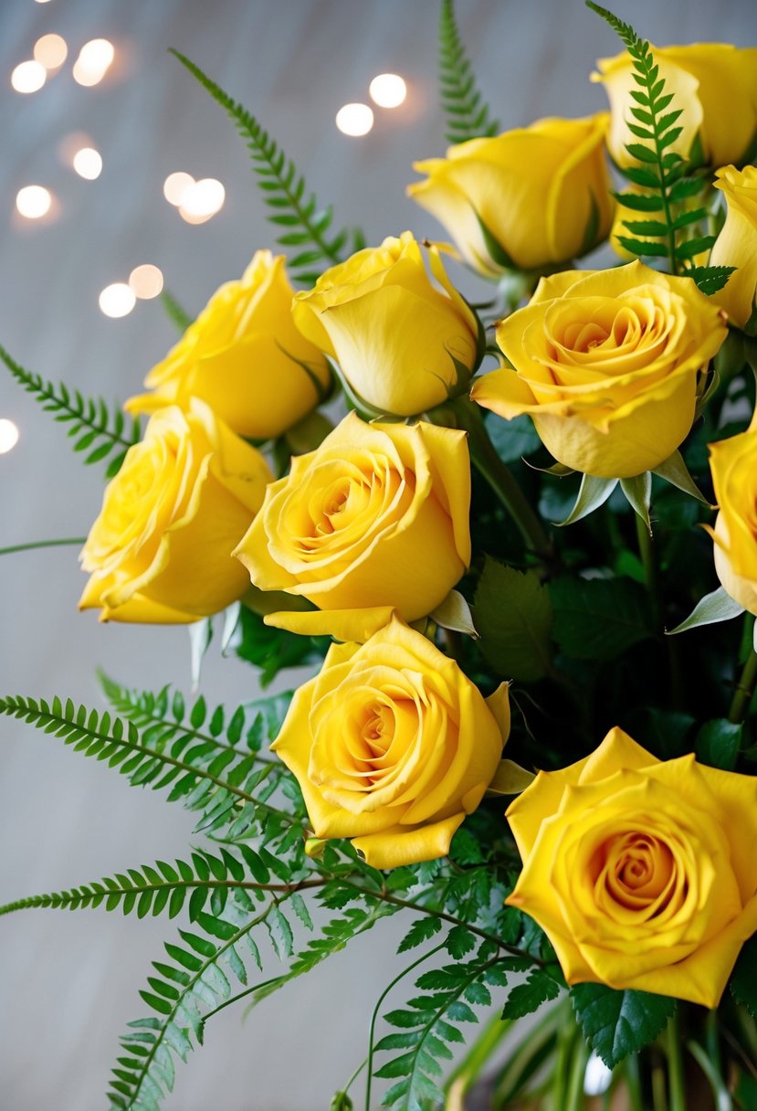 A vibrant bouquet of yellow roses with delicate wispy fern accents