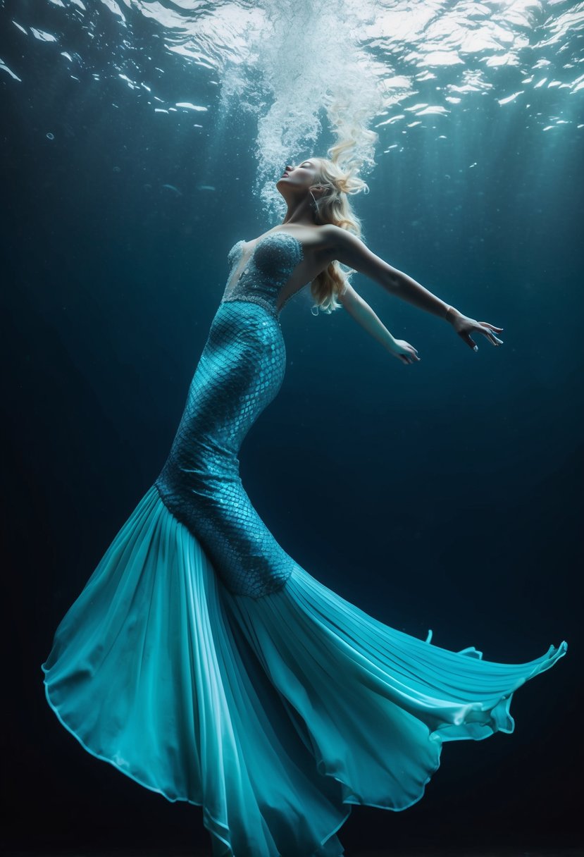 A chic mermaid silhouette wedding dress flowing gracefully underwater