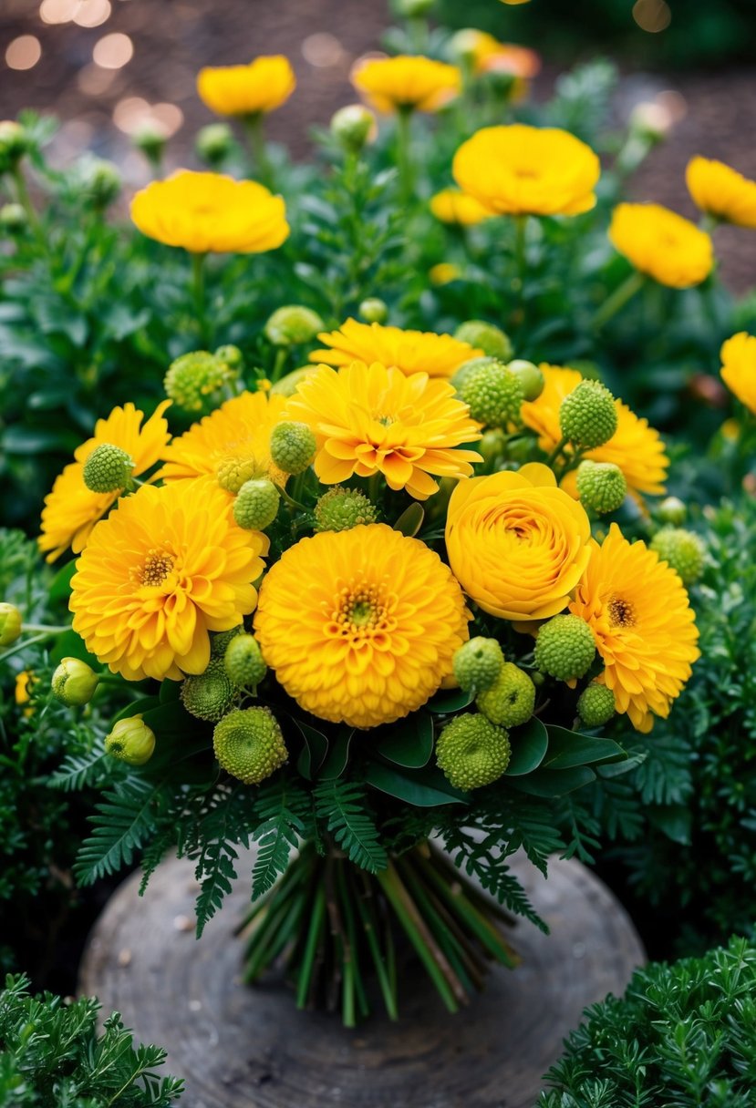 A lush bouquet of vibrant yellow blooms surrounded by greenery