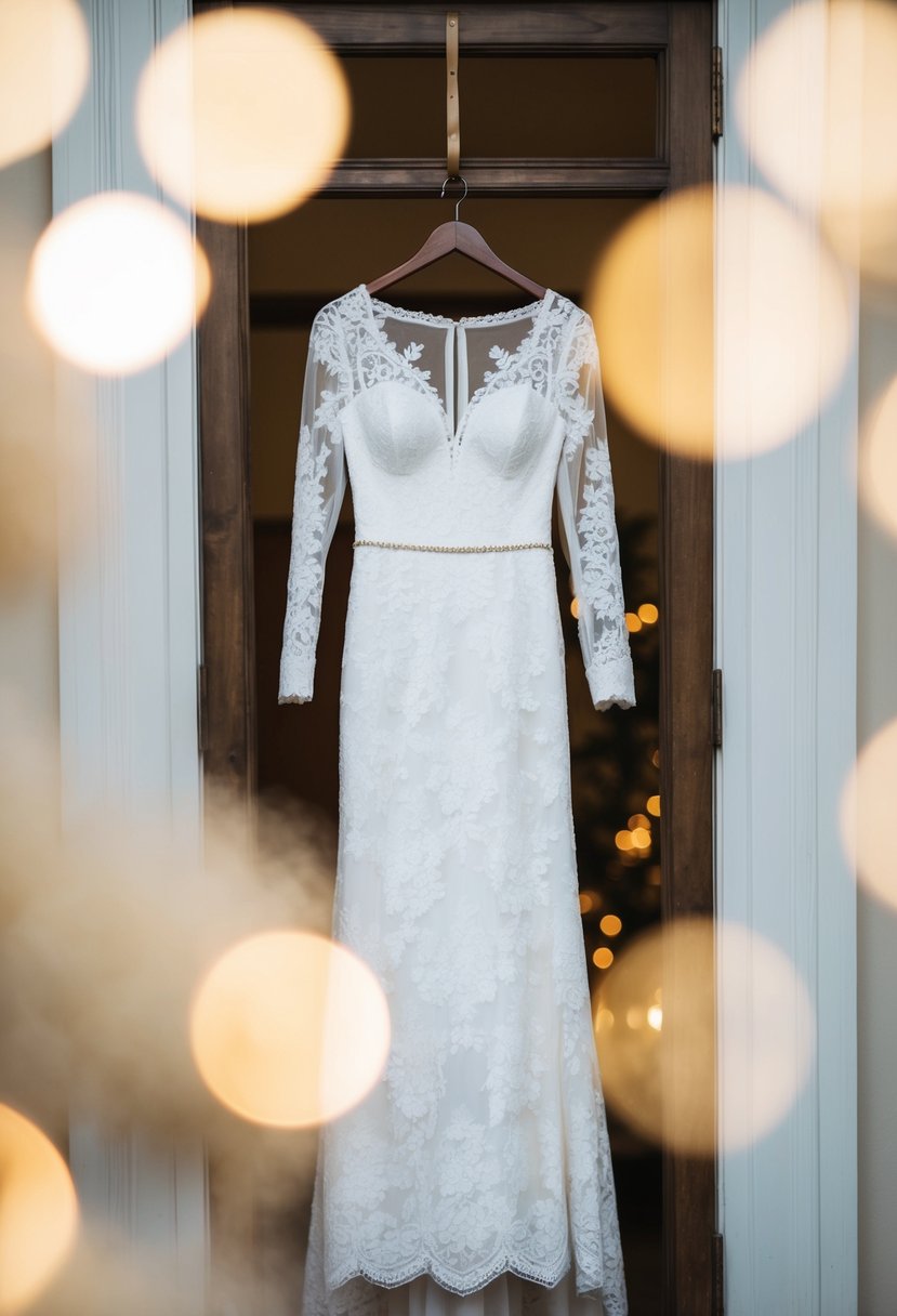 A long-sleeve lace wedding dress hangs on a vintage wooden hanger, surrounded by soft, romantic lighting