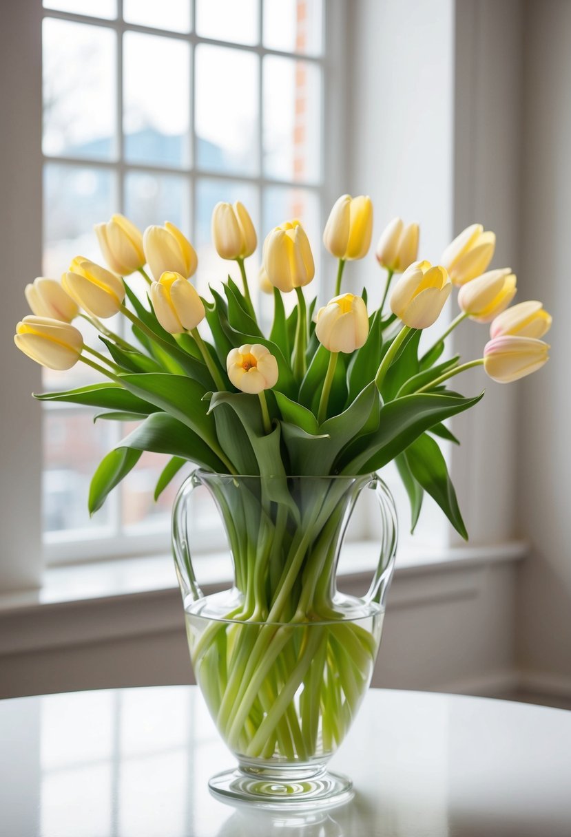 A large, pale yellow tulip bouquet sits in a clear glass vase on a white table